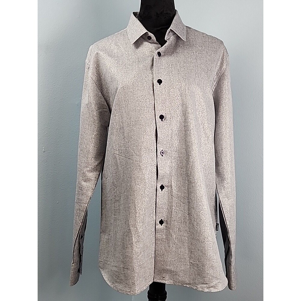 BARABAS Mens Silver Metallic Thread Button Down Long Sleeve Shirt Large Festival